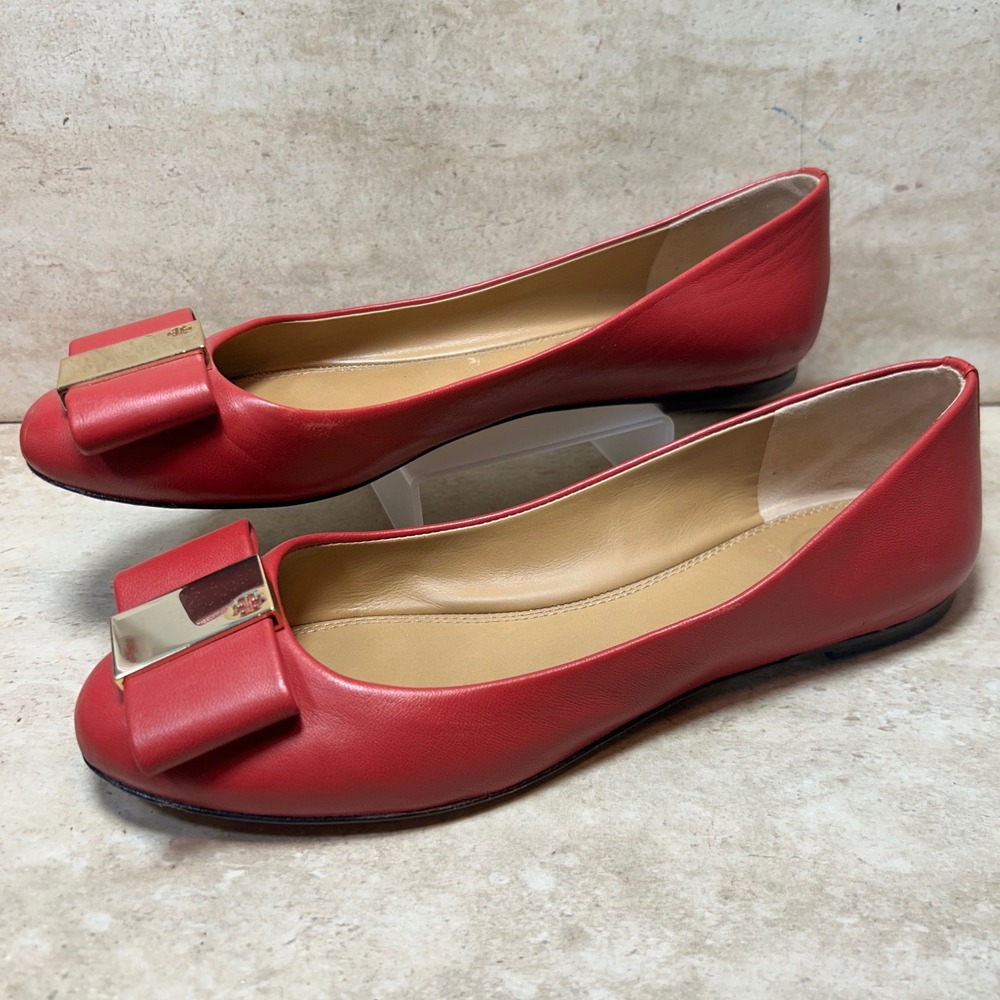 Tory Burch‎ Liana Red Leather Bow Ballet Flats Gold Logo Plate Size 7.5M